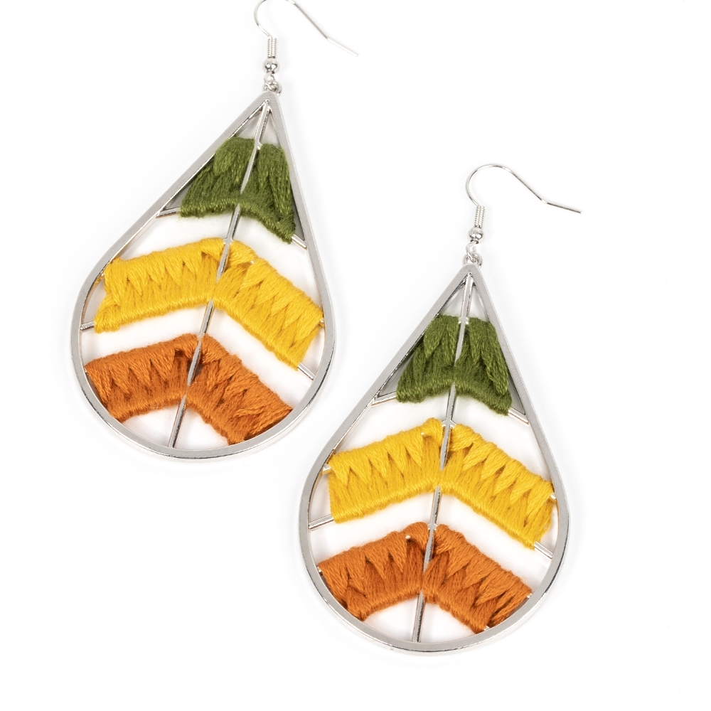Paparazzi Silver Teardrop Earrings with Green, Yellow, and Orange Accents